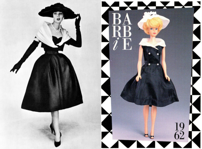 L: Black and white photo of model in full-skirted, calf-length dress, apparently black, with a cropped, short-sleeved, boxy black jacket with wide sheer white collar, long black gloves, closed-toed shoes, and wide-brimmed "picture" hat. R: color photo of Barbie in a dress whose skirt is of similar length and volume, with double-breasted bodice having small white buttons, wide collar in sheer material, and picture hat in the same white sheer with black ribbon accent. Shoes are black open-toed and she wears no gloves.