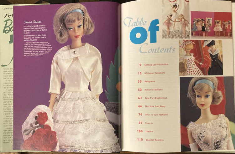 The list of chapters in the table of contents shown are: Setting up Production; US/Japan Variations; Ballgowns; Kimono Fashions; Side Part Bubble Cut; The Side Part Story; Twist 'n' Turn Fashions; Francie; Friends; Booklet Reprints. Alongside the table of contents, color photographs show ash blonde side-part American Girl Barbies in Japanese exclusive fashions; two bubble cut dolls in After Five and an After Five variant in white with patterned fabrics; Skipper ballerinas; and a row of Francies in assorted exclusive ensembles.