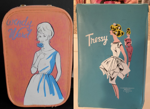 L: pink case with rounded corners, trunk-style. Drawing of Wendy is done in white with black line and blue accents for shadow and for a flower she holds. She wears a sleeveless summer dress and bob-length hair. The name Wendy Ward is "signed" in blue at top left. R: Light blue Tressy case. Tressy, with peahc skin and golden hair, models two French-looking fashions: one sheath with a similar look to Barbie's Silk Sheath, in rose with elbow-length gloves, and one white in a similar silhouette but with a square-cornered overskirt. With this she also has white flowers in her hair. Tressy is "signed" in white at top left.