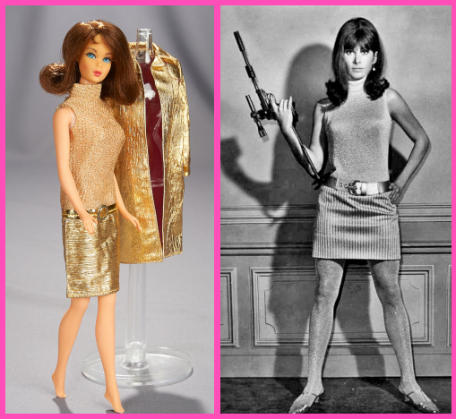 Brunette Barbie and actress (the latter in black-and-white photo) with shoulder-length flip hairstyles. Barbie's dress is almost to her knees while Powers' is a couple inches above. Both dresses have a low, belted waist and two different metallic fabrics above and below (Barbie has a gold mesh top and metallic skirt); the bodices are sleeveless with tall collars or turtlenecks. Powers wears glitter tights and low heels, while Barbie is barefoot and bare-legged. Behind Barbie on a mannequin is her jacket in the skirt material; Powers olds a gun with sight attached, pointed from her waist toward the ceiling.