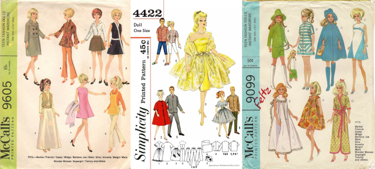 Sleeves for Simplicity 4422 and McCall's 9605 and 9099. The Simplicity set says it is for "Doll; one size" and shows characters that look similar to Barbie (or Lilli!) and Ken. A dress similar to Orange Blossom dominates the space, while smaller insets show a Barbie type in a ruffled dress, a swing coat, and a shirt with capris, accompanied by a fellow. The McCall's fashions are from a later time period; the most eye-catching look is a pink mini, while others include a trench, a smock with pants, a wrap dress, a jacket and flared pants, a long skirt with vest, and a blouse with wrap mini skirt. The packaging read "Teen Fashion Dolls' Instant Wardrobe - one size - 11 1/2" doll; FITS--Barbie / Francie / Casey / Midge / Barbara Joe / Babs / Gina / Annette / Batgirl / Mera / Wonder Woman / Supergirl / Tammy and others." Whew! 