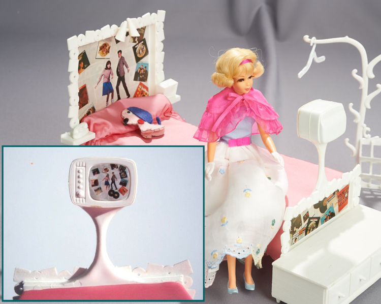 Large image of Francie seated on white plastic bed with pink sateen covering. On the head and baseboard are collaged photographic images including a pair of young people dancing, record covers, and records. From the top of the baseboard a thin, sinewy extension holds up a small, slightly rounded TV set. In an inset image the front of the TV is shown, and on its screen is a small version of the headboard art showing dances, record sleeves and records.