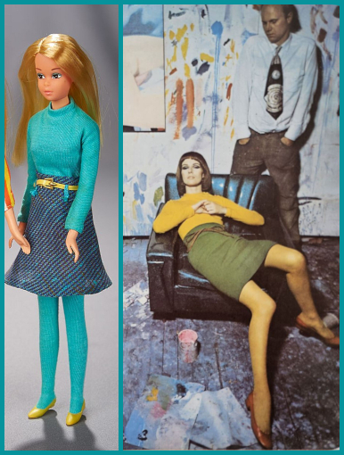 Color photographs. L: Francie wears turquoise long-sleeved knit top and matching tights, A-line skirt above the knee in darker blue, yellow flat shoes, and thin yellow belt. R: model is sprawled in an armchair in a painter's studio; the painter, behind, stands with hands in pockets, looking uncertain. The model is dressed identically to Francie, except her top and tights are gold, her skirt is olive, and her shoes and tie belt are beige.