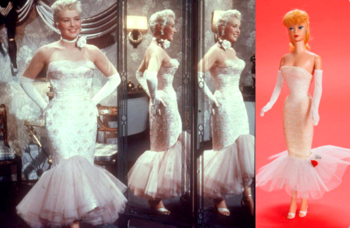L: Betty Grable before the same mirror as Marilyn, above, in a white sleeveless beaded mermaid dress with flared tulle skirt beginning at and below the knee. She wears a white choker with rose attached. R: Barbie in a white Solo in the Spotlight of glitter fabric with flared tulle skirt below the knee and red rose detail atop the tulle. Both wear white open-toed shoes and very long white gloves. Both are blonde, and Barbie's curly bangs resemble Betty's hair volume and texture.