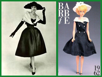 L: Black and white photo of model in full-skirted, calf-length dress, apparently black, with either a sheer white shawl over her shoulders or a short black jacket with wide sheer white collar, long black gloves, closed-toed shoes, and wide-brimmed "picture" hat. R: color photo of Barbie in a dress whose skirt is of similar length and volume, with double-breasted bodice having small white buttons, wide collar in sheer material, and picture hat in the same white sheer with black ribbon accent. Shoes are black open-toed and she wears no gloves.