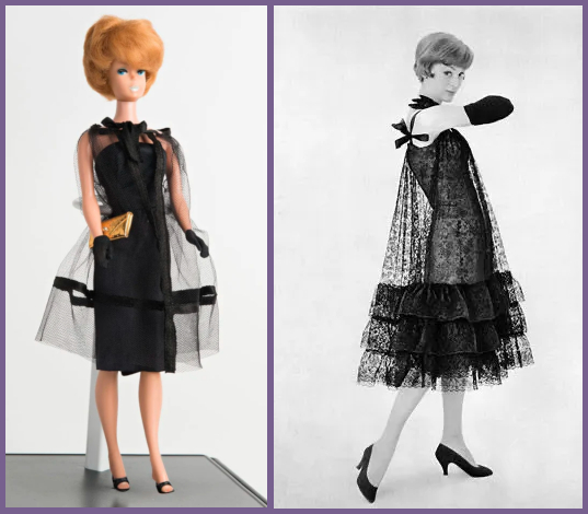 L: blonde bubble cut Barbie; R: model in Black-and-white photograph with short pageboy haircut. Both wear a form-fitting sheath to just below the knee. Over the sheath, Barbie wears a same-length tulle cape with bow at neckline and ribbon trim below hip level; model wears same-length tent-shaped chantilly lace overdress with bows at the straps and ruffles beginning below hip level. Barbie wears short black gloves and black open-toed shoes; model wears long black gloves and black closed-toed shoes. In addition, Barbie holds a gold dimpled clutch.