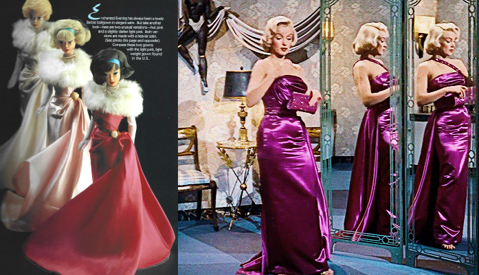 L: Page from Barbie history/coffee table book; full color illustration of 3 dolls in in the Enchanted Evening floor-length gown: one in very pale punk, one in a slightly richer light pink, one that looks approximately cherry red but is describes as hot pink. Dolls wear a white stole over the shoulders and long white gloves. R: Marilyn Monroe before a multi-paneled mirror wearing a magenta or raspberry dress in shiny satiny fabric. The silhouette is the same as Enchanted Evening: square bodice, long straight skirt with train. Unlike Enchanted Evening, this dress has a single strap wrapping from close to Marilyn's right armpit, across over her left shoulder. It has no rose detail at the waist. She has accessorized with a glitter clutch in a similar shade.