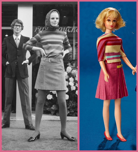 L: B/W photo. Model wears a horizontally-striped knit top with 3/4-length sleeves and short A-line skirt with belt, plus tights, low buckle shoes, and scarf or hood. R: Color photo, Francie wears horizontally-striped top in pink, red, yellow and aqua with elbow-length sleeves and pink pleated skirt above the knee. Red flats and yellow belt, possibly sewn into the skirt, complete the look. Both tops have stripes of varying width and saturation, though we can't see the colors of the one at left. One major difference is that the fabric on Francie's top runs from her chest to her arms with no seam, so that the stripes turn vertical with her arms hanging down; the model's top has the arm stripes at an angle to the bodice stripes at the sleevehole seam, so that the stripes continue horizontally down her arms.