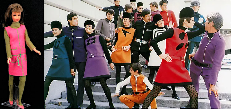 Color photos. L: Francie in stiff (wool?) sleeveless shift dress in pink with flat pink shoes, olive leggings or tights, and long-sleeve knit olive top with high collar. Dress has olive tie belt and trim. R: large group of models. The women wear wool shifts in various bright colors, with high-necked, long-sleeved black tops beneath, self-color belts, and cutouts showing black fabric beneath in a variety of shapes. All wear black tights or leggings, black low shoes, and rounded black hats.