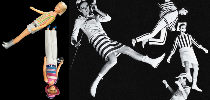 R: black-and-white photo, models are distributed around a black background as if floating in space, probably photographed from unusual angles like from below while standing, or from above while lying down, and then collaged together. Outfits include short, horizontally striped skirt with solid white jacked, vertically-striped jacket with white skirt, and long white pants with single strip on side, worn with jacket lined in vertically-striped material. Two models wear brimmed hats, one tying below the chin, while two wear sunglasses instead. Most wear white "Courreges boots," low-heeled and square-toed; one wears Mary Jane flats in white.. L: in color. Two francie dolls are collaged to "float" sideways and upside down on black background. One wears Twiggy Turn-outs, minidress with silver skirt, vertically-striped top in pink, orange, silver and green, wide silver belt, and silver "Courreges boots"; second wears "Twiggy gear": long, straight white pants, horizontally-striped knit top in pink, white and blue, pink wide-brimmed hat with navy trim and below-chin tie, blue flats, dark belt, and camera (held in hand).