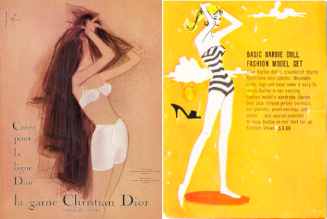 Left: lingerie ad for Christian Dior. Background and model flesh are the same pinkish tan tone, while underthings are gouached over in white. The model faces to our right, her pelvis slightly forward, hands to her head and elbows jutting forth, as she holds what the Gruau book describes as a black petticoat "playfully" over her face and head. R: Barbie from the 1960 fashion booklet in the black-and-white chevron swimsuit. Background is marker-filled sunflower shade. Barbie stands facing to our right, pelvis slightly forward, one leg extending back toward the corner of the image in a pointed toe, hands at the top of her ponytail and elbows pointed forward, partly obscuring her face.