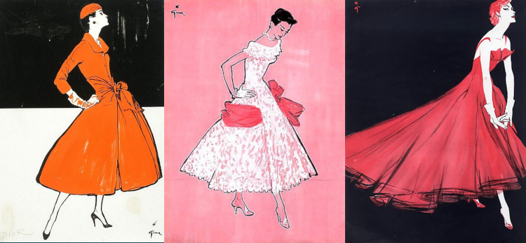 3 panels. First, a woman in a red coat with tie waist, full skirt, and matching red hat, stands facing to the side with her elbows pointed back. Her skin is the white of the paper, and the background is white from her waist height down, marker- or gouache-filled black above. Second, a woman in full white gown with large red ribbon accents looks down and to the side; the background and her skin are a wash of pink. Third, a woman in a dramatic red dress leans forward, hands clasped, head thrown back, her hair the red of her dress and her skin an empty white, on an entirely black background. Each figure points a toe toward one or the other lower corners of the images.