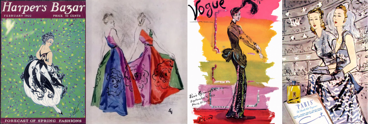 Four panels in color: 1. Harper's Bazaar cover (here spelled Bazar, as it was at the time) in Erte's art deco style, the figure influenced by japonisme, twisting in an abstract field of blue and yellow dots on green, wearing a full, bubble-shaped white skirt from which black tentacles seem to emerge, and slim black sleeveless bodice. 2: sketch shows a woman in two poses, from back and front, in each looking over her shoulder, wearing a colorful dress of vertical sections in green, red, purple, and blue that extend from the neckline to the floor; over the sections of the skirt are large flowers printed. 3: Vogue cover, woman dressed in slim black floor-length garment with oversized sash near waist and ostrich feather extending out from a compact black hat. The background is washed with a rainbow of shades. 4: Two women in blue and white formal wear before a scene resembling an opera house. In the foreground someone holds up what looks like a program reading "PARIS" with other text too small to discern.