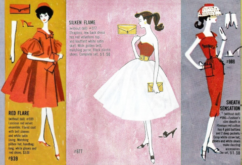 3 panels from Barbie fashion booklets circa 1962: Red Flare, Silken Flame, and Sheath Sensation. Red Flare and Sheath Sensation are red garments, while Silken flame has a red bodice and white skirt. The figures are illustrated mostly in profile, with entirely white skin and flat washes of color for clothes, plus some shading to show fabric contours. Legs and arms are long and lean, toes slim and pointed. Backgrounds are not quite solid colored but markered or watercolored in a single shade per panel. All three have one foot facing forward and one angled to the side.