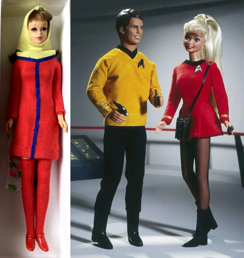 Right is Mattel product image of Barbie and Ken dressed as crew members on the USS Enterprise: Barbie in red minidress with gold embellishments on the cuffs, black collar, and Star Trek insignia on the chest, sheer black hose, and black boots to mid-calf, plus a black electronic device on a long crossbody strap, with blonde ponytail encircled by a braid; Ken with gold shirt with metallic gold at the cuffs, black collar, start trek insignia on the chest, black pants, and black boots. Right, Francie wears a red minidress with wide cowl-type collar in yellow, blue trim between dress and cowl and running down the center front, red thigh-high hose, red ankle boots, and a yellow hood in the same fabric as the collar. Francie's original swimsuit can be barely seen peeking out behind the doll, which lies in a white box.