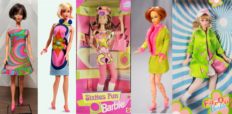 Row of 5 dolls. Left is vintage brunette Hair Fair Barbie wearing an A-line minidress with swirly pink, blue and green design, ruffle on lower hem, and pink closed-toe heels; next is Mattel repro product image of blonde Hair Fair in colorful op-art shift with flower design, pink closed-toe heels, pink bangle bracelet, oversized navy circled dangling from pink rectangles at her ears; next is boxed Sixties Fun Barbie wearing schoolboy cap and minidress in matching abstract pattern of colorful blobs with black outlines, metallic hoop earrings, carrying large pink purse, with pink fishnet tights and high white boots; next is vintage redhead Hair Fair Barbie wearing minidress of pink bodice and lime green skirt, lime green jacket with fluffy pink trim, daisy-patterned pink hose, and pink closed-toe heels; finally, boxed Far Out Barbie wearing white schoolboy cap with pink bow, oversized white disc dangling earrings, Green jacket with pink daisy print, white dress barely peeking out beneath the jacket, white fishnets, and white boots.