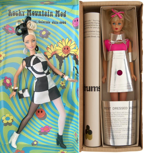 Left, boxed doll on green-and-blue psychedelic background with smiling daisies and text reading Rocky Mountain Mod, Denver, Colorado June 2002. Doll's hair is half black and half blonde, changing at the center, in an updo of oversized curls. Earring are oversized discs, one black and one white, and dress is a tiled black-and-white pattern with a circle of alternating white and black over the bodice. She has thick white and black bangles, a black and white purse on a shoulder strap, one white and one black legged tights, and one white and one black boot. Right, mod standard Barbie, blonde, wears her original swimsuit and, over that, a metallic tube resembling a tin can with peephole cut in the center, tied to a metallic collar with silver cord, plus matching metallic armbands on her upper arms, Pamphlets about the steel products she promotes are visible in her box.