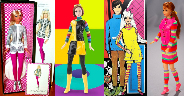 Left: Barbie in a black-and-white checked bodysuit with white trim, hot pink tights, and white boots with black trim, plus white sunglasses, maybe with pink lenses. Center: Barbie in a black and yellow tiled tunic with long-sleeved rainbow-striped shirt beneath, black tights, and high yellow boots; next, illustration of barbie in a yellow tunic with patch pockets and matching shorts, yellow-and-pink striped long-sleeved undershirt, yellow-and=pink striped tights, pink flats; right, Stacey in jersey knit colorful skirt, jacket with matching sleeves and pink bodice, matching striped knee socks and pink flats.