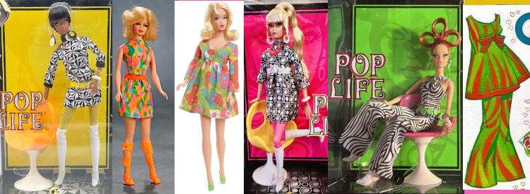 6 images, Pop Life dolls are all boxed wearing different busy, black-and-white patterns, plus black and white bangles and dangling disc earrings, accompanied by chairs in different colors with white tulip bases. Christie wears a long-sleeved minidress with wide yellow belt, yellow leggings, white boots that cover the knee. Blonde doll wears babydoll silhouette with wide white belt, large pink bead necklace, pink tights, and white boots that stop below the knee. Redhead wears halter top, wide green belt and bellbottoms. Interspersed is a vintage Stacey wearing a rainbow, diamond-patterned outfit and orange kneehigh boots with cutouts; repro mod Barbie with babydoll silhouette and colorful floral pattern, plus green heels; and an illustration of a babydoll top and bellbottoms in green and orange tiger stripes with bow at the top's empire waist.