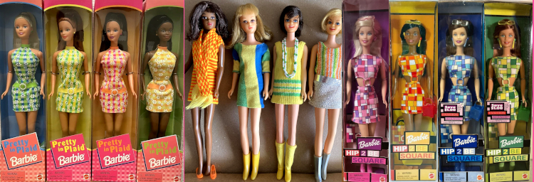 Row of 12 dolls! First 4 are boxed Pretty in Plaid Barbie, a plaid-and-daisy patterned halter minidress that is shaped through the waist and then has a coordinating drop-waist belt, in 4 color combos on 4 dolls; next 4 are Francie and Casey dolls: Wild bunch repro, vintage bend-leg Francie, brunette and blonde Caseys, wearing Twiggy outfits: orange-and-yellow knit mini with matching scarf and peep-toe shoes, vertically-striped cotton jersey in yellow, green, and blue with yellow boots; knit cotton mini tank dress in yellow with green stripes on skirt, yellow socks and shoes, and long beaded necklaces in white and green; and a metallic tank dress with vertically-stirped bodice of orange, yellow and green, silver skirt, wide silver belt, and silver boots. Last 4 dolls are boxed Hip 2 be Square dolls: two-piece mini dresses with top and bottom united by a ring at the navel, in 4 colors, with sunglasses and chunky earrings.