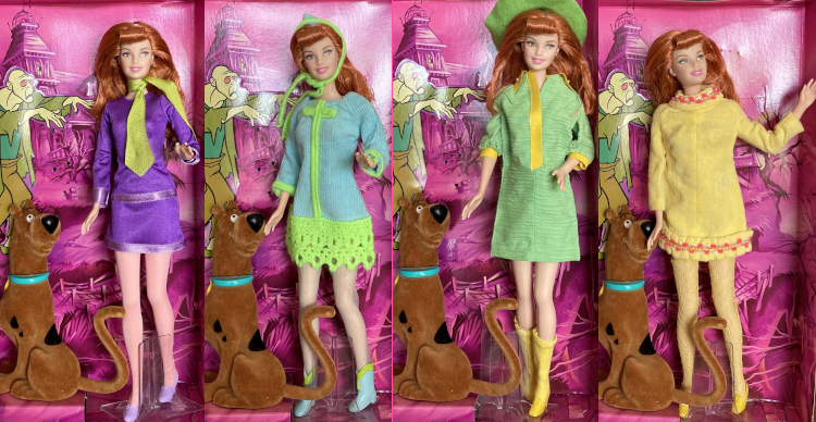 4 images of the Scooby Doo Daphne Barbie, with long orange hair and neat curled bangs, next to a Scooby Doo dog inside the box they came in which depicts a spooky mansion on a hilltop and a menacing cartoon zombie. At left, Daphne wears her original ensemble of violet minidress with ribbon trim at cuffs, waist, and bottom hem, lime green necktie, sheer pinkish hose and pale purple flats; next she wears a teal corduroy dress with lime green trim at cuffs and down the center, matching bow at chest, matching crocheted skirt at drop-waist level, teal crochet hood with same lime green trim and tie neck, sheer bluish hose, teal cowboy-style boots with more lime green trim. Next, a green minidress with puffy sleeves, yellow plastic collar and cuffs, yellow socks and shoes, and lime green felt hat with wide brim and yellow cord. Finally, velour-texture yellow minidress with hot pink trim at collar and lower hem, yellow tights and yellow shoes.