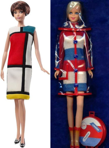 Left: doll with brunette bob, in "Model Muse" pose, wears colorblock shift dress of black perpendicular lines surrounding white, blue, red and yellow panels. She wears black flats or low heels with metal-look bucklets. Right, Twiggy wears a knit dress of wide red, white and blue stripes, plus a clear PVC raincoat with red trim and blue buttons, a clear PVC hood with red trim, and clear boots with red-orange trim, Beside her is a circular suitcase with red, white and blue stripes and stickers for London and Paris.