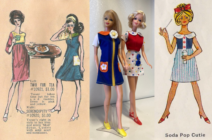 Left: colorful illustration of Tressy in one empire-waisted dress with yellow bodice, thin green belt, and red of pink half-sleeves and knee-length skirt, as well as in a teal A-line shift with wide green collar, white-and-yellow floral-printed patch pockets, and the same white-and-yellow pattern in a scarf tied around her hair. Both wear white open-toe shoes and stand in front of a table laden with treats. Text identifies these as "Left: Two for Tea #10921, $1.00, Tressy takes time our for tea and cookies. Dress is pink and yellow. Right: Serendipity #10920, $1.00. Tressy's right in style in her blue and green 'Mod' dress. Comes with gold scarf and sunglasses."
Right: photograph of vintage long-haired Stacey and repro short-flip Stacey, both blonde, wearing fun-to-dress fashions. Vintage Stacey wears a blue A-line shift with short white sleeves, orange collar, orange patch pockets with white-and-yellow daisy appliques, yellow zipper down to the hem, and oversized (for a doll) zipper pull that is also a white-and-yellow daisy shape. On her feet are yellow flats. Repro Stacey wears a red top with white polka-dotted short sleeves and Peter Pan collar and white polka-dotted miniskirt with two oversized-for-her blue buttons. On her feet are red strappy sandals. Right: Another illustration of Tressy, in Soda Pop Cutie: Blonde updo tied with red bow; high-waisted, A-line dress with dark blue top, red buttons down the front, white Peter Pan collar, white skirt with blue stripes, and red open-toed shoes, holding a beverage and straw.