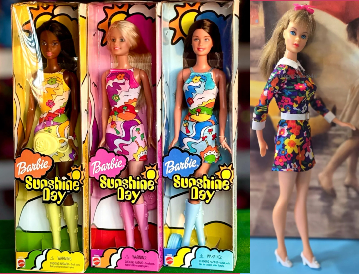 Three boxed Barbie dolls in psychedelic minidresses with knee-hih boots. Left is a Black doll in a yellow-forward look; center is a blonde doll in a pink-forward look; right is a brunette doll in a blue-forward look. The shoes have dimensional daisy patterns down the sides; some of the psychedelic dress pattern looks like waterways, trees and mushrooms; all have long, straight hair and round plastic clutches or purses with the dimensional daisy on the front. At right is a photograph of a vintage Standard Barbie doll in a colorful patterned floral minidress, with white collar and cuffs, wide white belt, and white shoes.