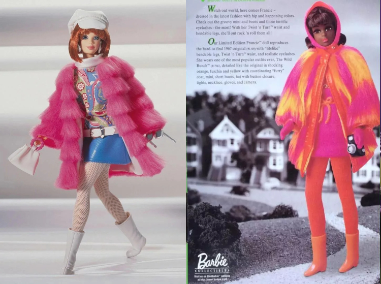 Two Mattel product images. Left, 90s Barbie with long auburn bob wears white schoolboy cap, large white earrings, pink A-line coat with hot pink tiered fur-like texture, minidress of paisley top, blue plastic or leather look skirt, thick white collar and belt, white fishnets and white boots. Right, Francie Wild Bunch repro of Black Francie doll, magenta hood and minidress with orange tie belt, orange tights, orange boots, furry magenta and orange coat, hot pink gloves, and camera.