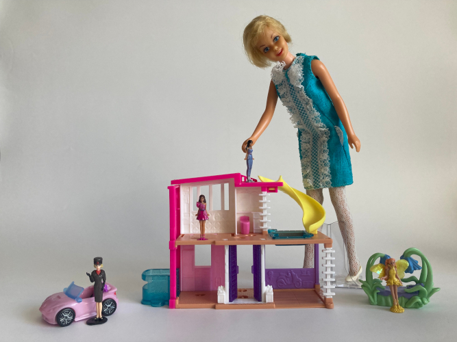 Blonde Casey leans over a two-story house that doesn't quite reach her waist. The structure is made of white plastic with one hot pink roof and wall, tan floors, a yellow slide from the roof to a second-floor pool, and a clear turquoise elevator stuck to one side of the building. To the left, a pink convertible with bluish windshield and a Career Girl mini figure stand. To the right, a "bed" made of plastic plants and flowers and a yellow fairy doll stand.
