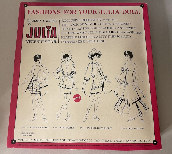 The black and white illustrations from the first image are featured on the back of doll clothes packaging. Text reads "FASHIONS FOR YOUR JULIA DOLL"; "DIAHANN CARROLL AS JULIA NEW TV STAR"; "YOUR BARBIE, CHRISTIE AND STACEY DOLL CAN WEAR THESE FASHIONS, TOO!" "EXCLUSIVE DESIGNS BY MATTEL! / THE LOOK OF NOW / CUSTOM DESIGNED ESPECIALLY FOR YOU TALKING AND TWIST N TURN WAIST JULIA DOLLS / JULIA FASHIONS FEATURE FINEST QUALITY FABRICS AND DRESSMAKER DETAILING"