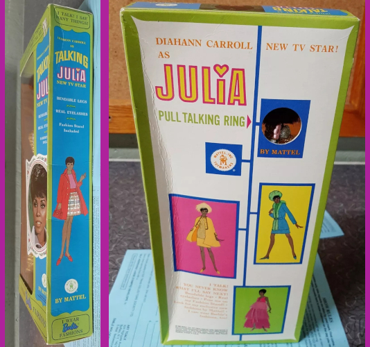 Two shots of full-color packaging for Talking Julia doll. Illustrated character wears the four fashions as described in the first image, now in color on differently colored rectangles.