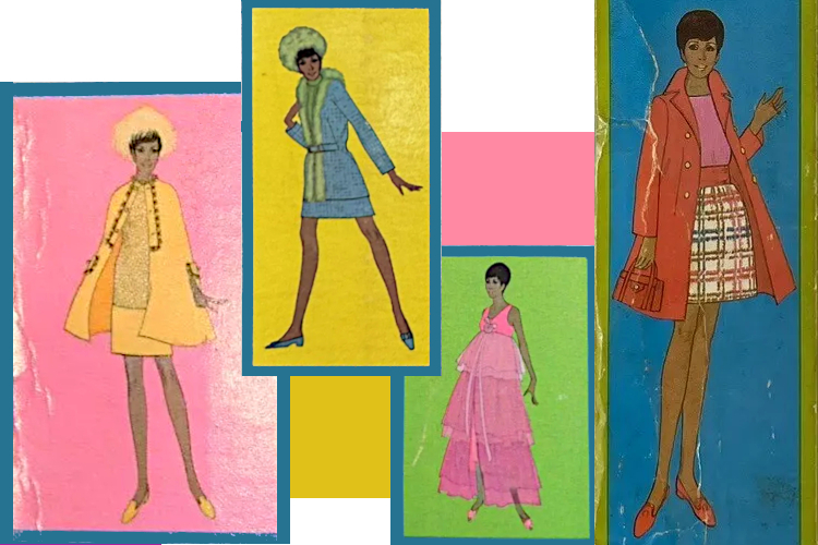 Detail of the four fashions illustrated on the packaging in in the previous image