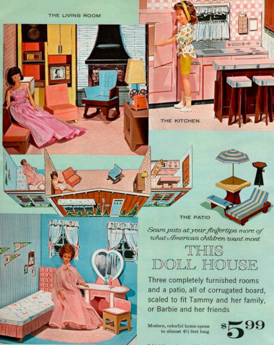 Color listing for the Ideal House, which looks like photographs enhanced with illustrated or at least hand-colored furnishings. Brunette Midge, wearing the pink gown from Sophisticated Lady, reclines in the living room. Bubblecut Barbie, in a negligee, sits before a heart-shaped vanity. Tammy raids a pink fridge. Text reads: "Sears puts at your fingertips more of what America's children want most; THIS DOLL HOUSE; Three completely furnished rooms and a patio, all of corrugated board, scaled to fit Tammy and her family, or Barbie and her friends. Modern, colorful house opens to almost 4 1/2 feet long."