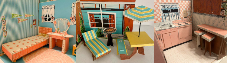 Thee small images of chipboard rooms and furniture. At left, a kid's room with pink furniture and blue walls. Pennants and "photographs"hang on the wall. The vanity mirror is heart-shaped. White curtains with pink ribbons cover the windows, and a pink area rug covers much of the floor. At center, blue-and=yellow striped patio furniture, including a picnic table with one bench and an umbrella, sit in front of the house. At right, a kitchen with pink tiles walls, pink cabinets and appliances, and pink stools cdawn up to a pink counter.