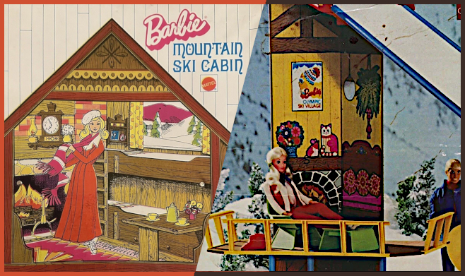 Two color photographs. Left is an illustration on the exterior of a vinyl case, showing Barbie in a floor-length red dress, white hat, and red scarf with white stripes, standing in a cabin. Its details are mainly described in the text, but to one side is a fireplace with wooden clock on the mantel, and to the other is a set of bunkbeds with a short ladder, a large window looking out on a snowscape, and a table that extends from the beds, set with teacups, teapot, and case of flowers. Right is a photograph of a blonde doll with Steffie face and two ponytails, wearing red pants and a red and white top, seated before two sides of a small room, with a balcony surrounding her, and a snow scene in the background, Ken stands outside in a blue coat, holding a yellow plastic toboggan.