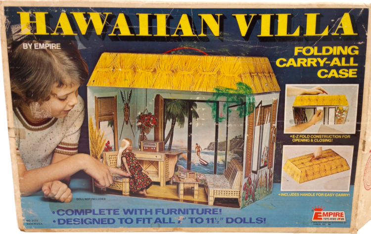 Box front for Hawaiian Villa play set featuring a color photograph of the set. The boxy room and furniture are described in the main text and in alt text at the top of the post. In this image, a Dawn-sized fashion doll (6 or 7 inches high), with long, straight blonde hair, sits in a chair much too large for her, also wearing a dress much too large for her. A child rests on elbows to one side, gently pressing a finger to the doll's hand. Smaller insets to the opposite side show the room folding up into the trapezoidal lid. "Text on the box reads: Hawaiian Villa; by Empire; Folding Carry-All Case; - Complete with furniture! - Designed to fit all 7" to 11 1/2" dolls!" Under the two inset images are the captions: "EZ-Fold construction for opening & closing!" "Includes handle for easy carry!" There is also a small Empire logo at lower right, with red text on white and a red crown shape atop the large, bolded first E.
