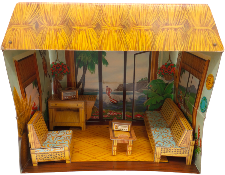 One more photograph of the Hawaiian Villa and its furniture, consisting of bamboo-look sofa and chair with "upholstery" (just printed cardboard) in aqua covered in gold scrolls; bamboo-look coffee table and side table; plus record player and radio.
