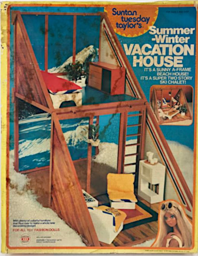 Semi-grimy box front for Suntan Tuesday Taylor's Summer-Winter Vacation House. "It's a sunny A-frame beach house! It's a super two story ski chalet!" Set and contents pictured on box front are as described in the main text.