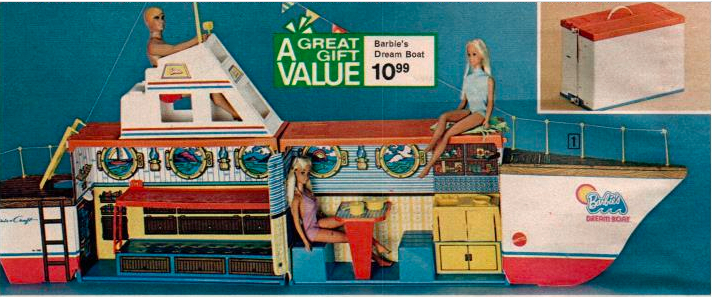 Color catalog image of a boat that fols out and open similarly to the Friend Ship. Two spaces inside the boat are a kitchen with seating area, and a small space for two bunk beds. Porthole windows line both. The vinyl panels that swing open at either end create fore and aft decks that can support the dolls, and the rear panel is also illustrated with a dark brown ladder. On top of the open case is a further deck and on that is a separate plastic unit with illustrated controls for operating the craft. A yellow plastic ladder leads from top deck to aft deck, and yellow poles connected by string form railings along the backs of the fore and aft decks. Malibu Ken sits at the control panel, Malibi Barbie on the top deck, and Malibu PJ at the table. All wear their swimsuits. In an inset it's seen that the closed-up case is blank white with an orangish top and handle. Text reads "A Great Gift Value Barbie's Dream Boat 10.99"