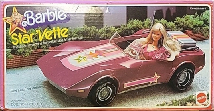 Another color photo box image. Barbie with long blonde hair, wearing pink, sits in a pink two-seater convertible detailed with aerodynamic-looking star art. A silver suitcase with a pink and yellow stripe down the middle sits on a luggage reck in back. It looks like a radio antenna also extends from the back above one of the wheels There is a suggestions of city skyline in the distance. Text says "Barbie Star'Vette, The dream machine for Barbie doll & her friends! Real Super-car detailing! Unassembled, Doll Not Included."