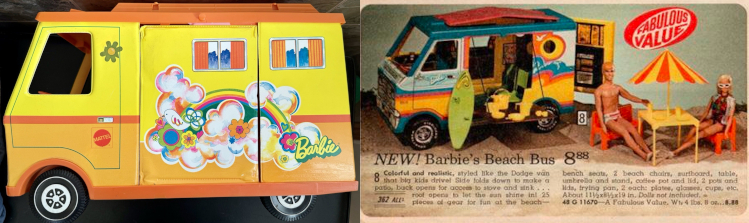 Two similarly-shaped squarish buses/campers. Left one is yellow with swirly rainbow/bubble/flower art detailing and the Barbie logo. Right is a color graient from blue through pink to gold resembling a beach and the sea and sky. A sliding door is close din the left image but open in the right, and a swinging door on the back of the van is also open at right. A skateboard is propped up against the Beach Bus nd a table with umbrella and two chairs hold Barbie and Ken. Text at right reads "NWW! Barbie's Beach Bus 8.88" with additional text too small/indistinct to read.