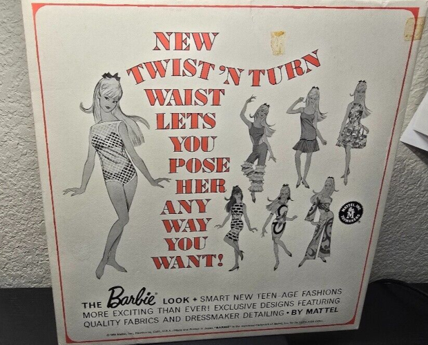 Square package with mostly black-and-white imagery, except a pink border and bold pink text reading "New Twist 'N Turn Waist Lets You Pose Her Any Way You Want!" To the left is a large-size drawing of Barbie in her TnT two-piece swimsuit with coverup. She is twisting and turning. To the right are six smaller images of TnT Barbie, mostly blonde, one brunette, taking on all manner of poses including with arms bent as she certainly could not do. The six fashions are listed in the text. Like the rest of the graphics, they are not in color. Black text at bottom reads: The Barbie Look - smart new teen age fashions more exciting than ever! Exclusive designs featuring quality fabrics and dressmaker detailing - by Mattel"