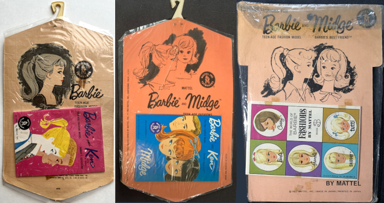 Trio of images of the backs of pak fashions. They are black and white, except the center one is printed on salmon pink cardboard so it is black and pink. Left one shows pontyail Barbie in profile and is labeled Barbie. The other two are labeled Barbie and Midge and feature both characters (from the neck up). Barbie looks essentialls the same in all, facing right like on the front of the ponytail fashion booklets. Midge is turned to face Barbie. She gets a little cuter between the second and third images as her drawing gets a little more detailed. Each pak also has a booklet affixed in back: pink-backgrounded Barbie and Ken, blue-backgrounded Barbie Ken Midge, and a five-head World of Barbie Fashions with Barbie, Francie, Casey, Skipper and Tutti.