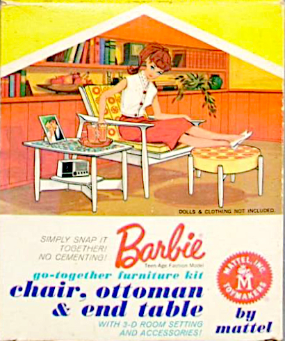 Barbie go-together furniture kit chair, ottoman & end table packaging. In a color illustration, Titian ponytail Barbie in Crisp 'n' Cool sits in an easy chair with her feet up on a circular ottoman. Both are in white plastic with yellow-and-orange upholstery. Next to the chair is a tile-topped table holding a framed photo of Barbie and Ken and circular table with two glasses. The table has a small lower shelf on which a radio sits. All are of white plastic though the plasticity is not explicitly illustrated. Behind the character and her chair, part of a wall is shown with wood paneling up to about hip height, above which built-in shelves hold books, plants, and apossible bowl of fruit.