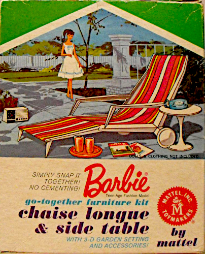 Barbie go-together furniture kit chaise longue & side table. In a color illustration, brunette ponytail Barbie in Modie Date walks toward a lawn chair in pink, orange, yellow and white stripes next to a tulp-shape side table on which a phone rests. On the ground are magazines, a tray with two glasses, and a radio.