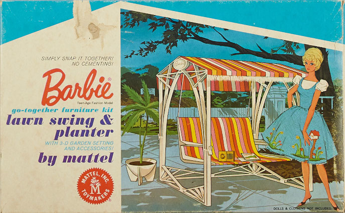 Box for Barbie go-together furniture kit lawn swing & planter. In a color illustration, Blonde bubble cut Barbie--looks like double bubble a la Fashion Queen--wears Friday Nite Date and stands in front of a double swing. The chair and awning are of pink, white, orange and yellow stripes and the rest of the structure is white (plastic, though that's not clear in the illustration). Sitting on the swing is a radio and some magazines; next to it is an architectural-pottery-style modern planter, also in white, holding a leafy fern or similar.