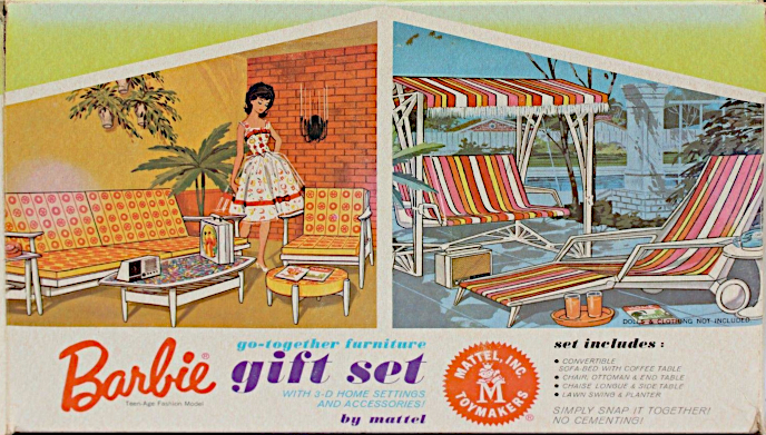 Barbie go-together furniture gift set. Illustration shows images of two scenes. At left, Barbie with brunette flip hair a la Fashion Queen wears lunch date. She stands next to a sofa and chair in white plastic with orange-and-yellow upholstery. Before these is a tile-top cofee table and a wide circulate ottoman. The walls behind her are one solid yellow with a hanging plant and one orange brick with a candleholder.