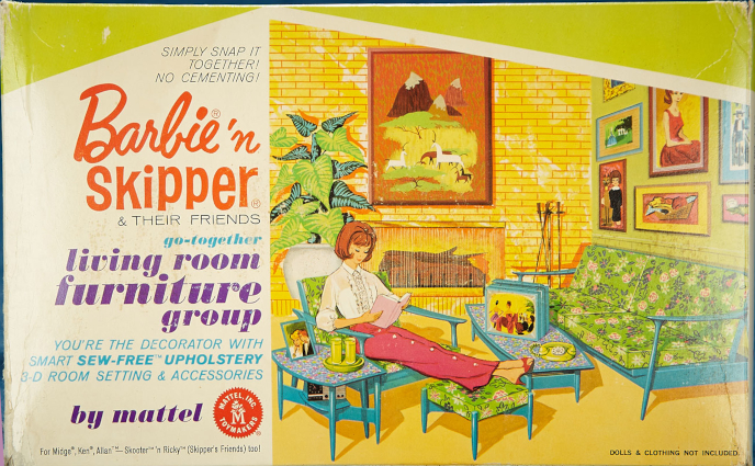 Barbie n Skipper living room furniture group. In the illustration, Titian-haired bend-leg Barbie wearing Disc Date sits in an easy chair with her feet on a rectangular stool. Next to her on one side is an end table with glasses on a tray, framed photo of Barbie (different hair color and cut, so maybe not THIS Barbie!). To the other side a coffee table with telephone and television and a sofa. The upholstery is green floral and all the furniture is made of blue plastic. On walls behind barbie are visible a fireplace, a large potted plant, and many pieces of framed art.