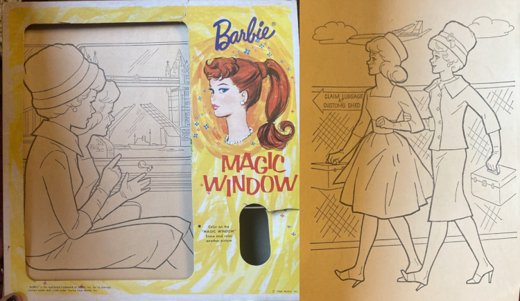 Two black line drawings on off-white paper show bubble cut Barbie in a Chanel-style suit with wide collar and '60s-style toque hat, with Midge in a fit-and-flare dress with 3/4 sleeves, square neckline, and pillbox hat. Both wear open-toed shoes. In the first image They sit next to the window on a train, looking out at clock tower and bridge that is rising and folding back to allow a ship through. In the second they walk next to a chain link fence as an airplane flies low in the background, A sign hanging from the fence is arrow-shaped and says, "Claim luggage at customs shed." The first picture, on a train, is inset in the product box, which is yellow and says "Barbie Magic Window" along with a color illustration of ponytail Barbie with reddish brown hair, a pearl necklace, and pearl earrings. (She is just a head and neck with no body.)